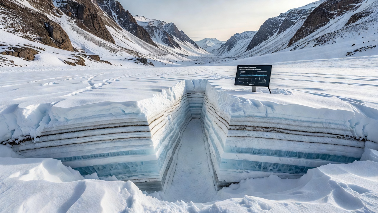 Close-up of sensor array embedded in snow layers within a highland valley